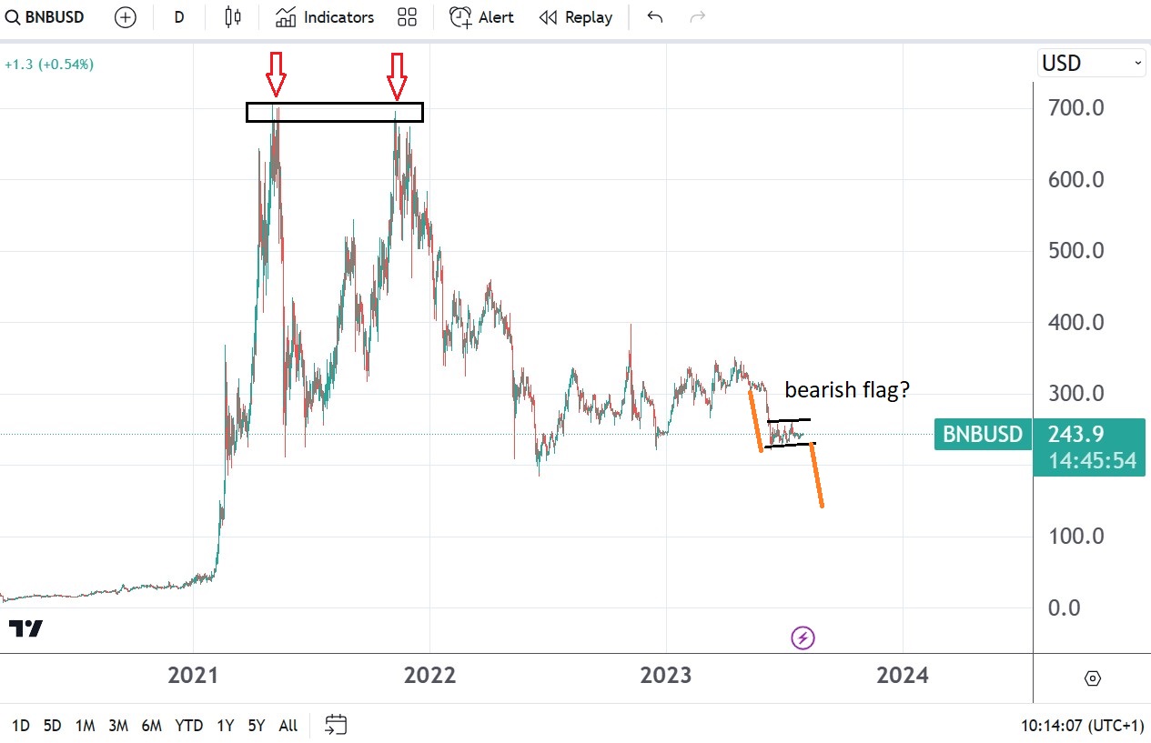 BNB/USD vulnerable as a bearish flag formation points to a move below $200