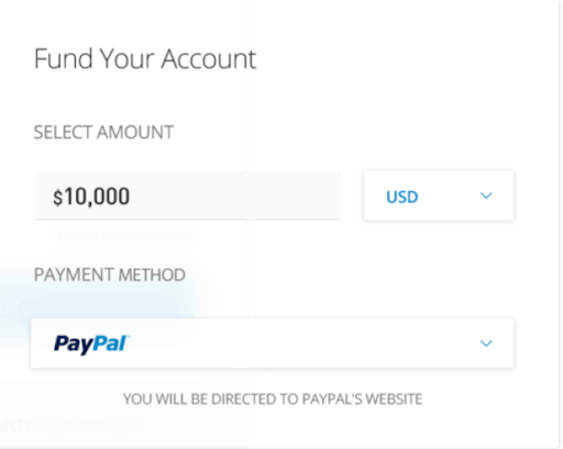 eToro's account funding screen
