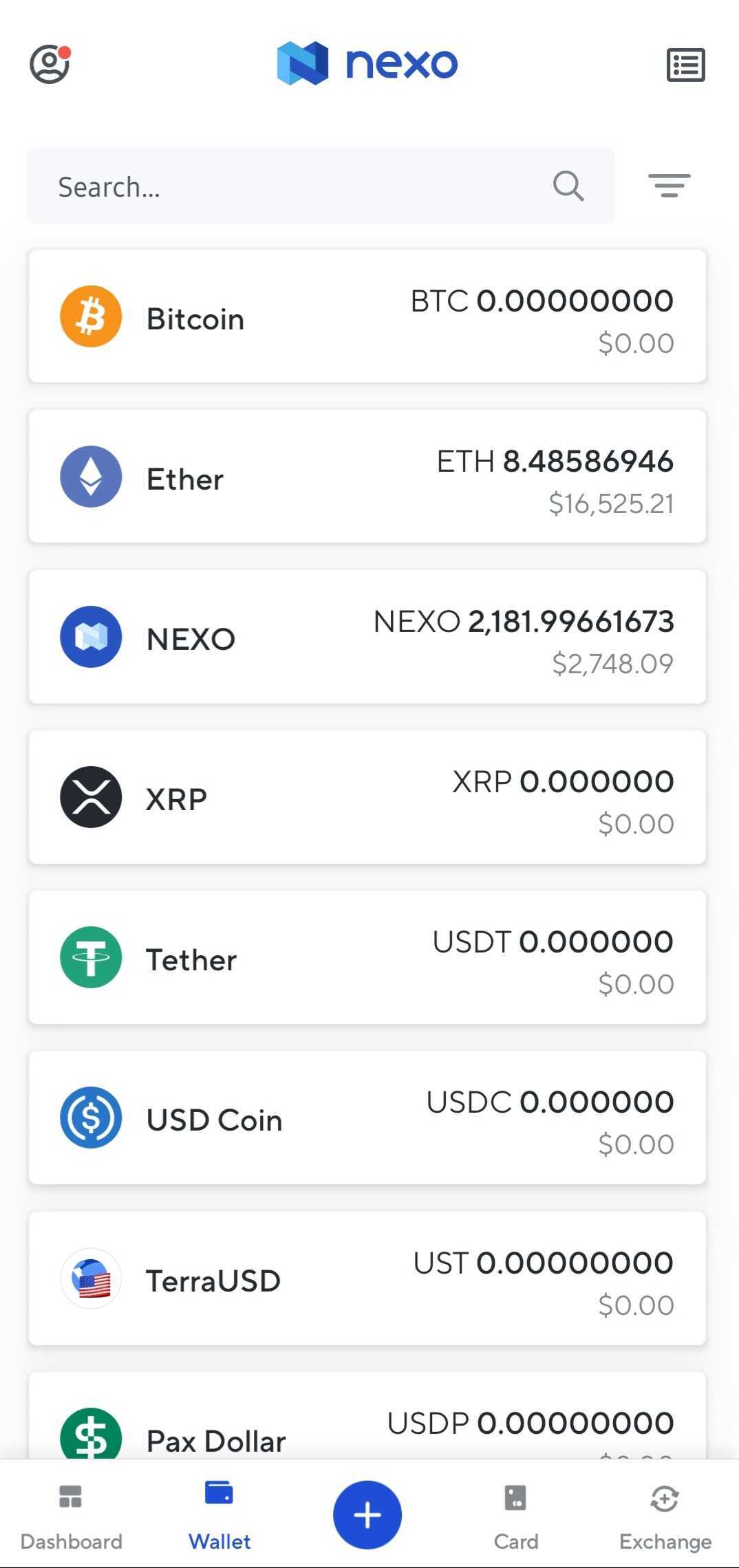 Nexo 應用程序上可用的不同加密貨幣的屏幕截圖。