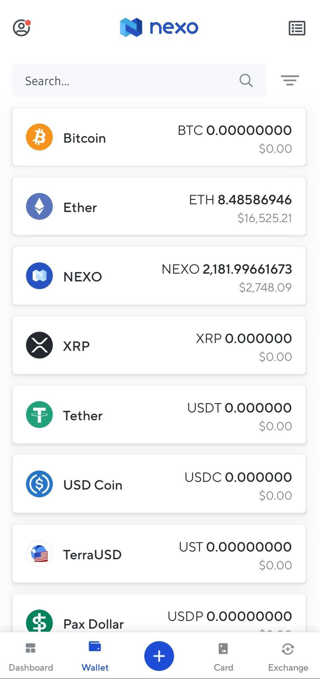 Captura de tela das diferentes criptomoedas disponíveis no aplicativo Nexo.