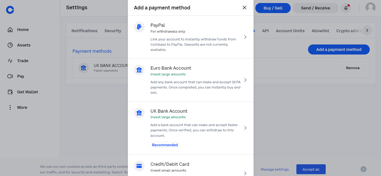 Coinbase step3 link PayPal account