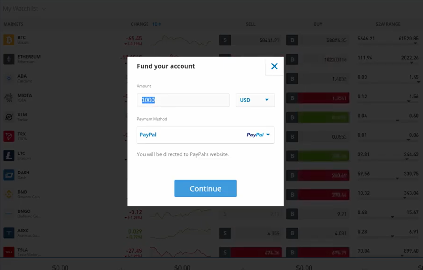 eToro step3 deposit using PayPal