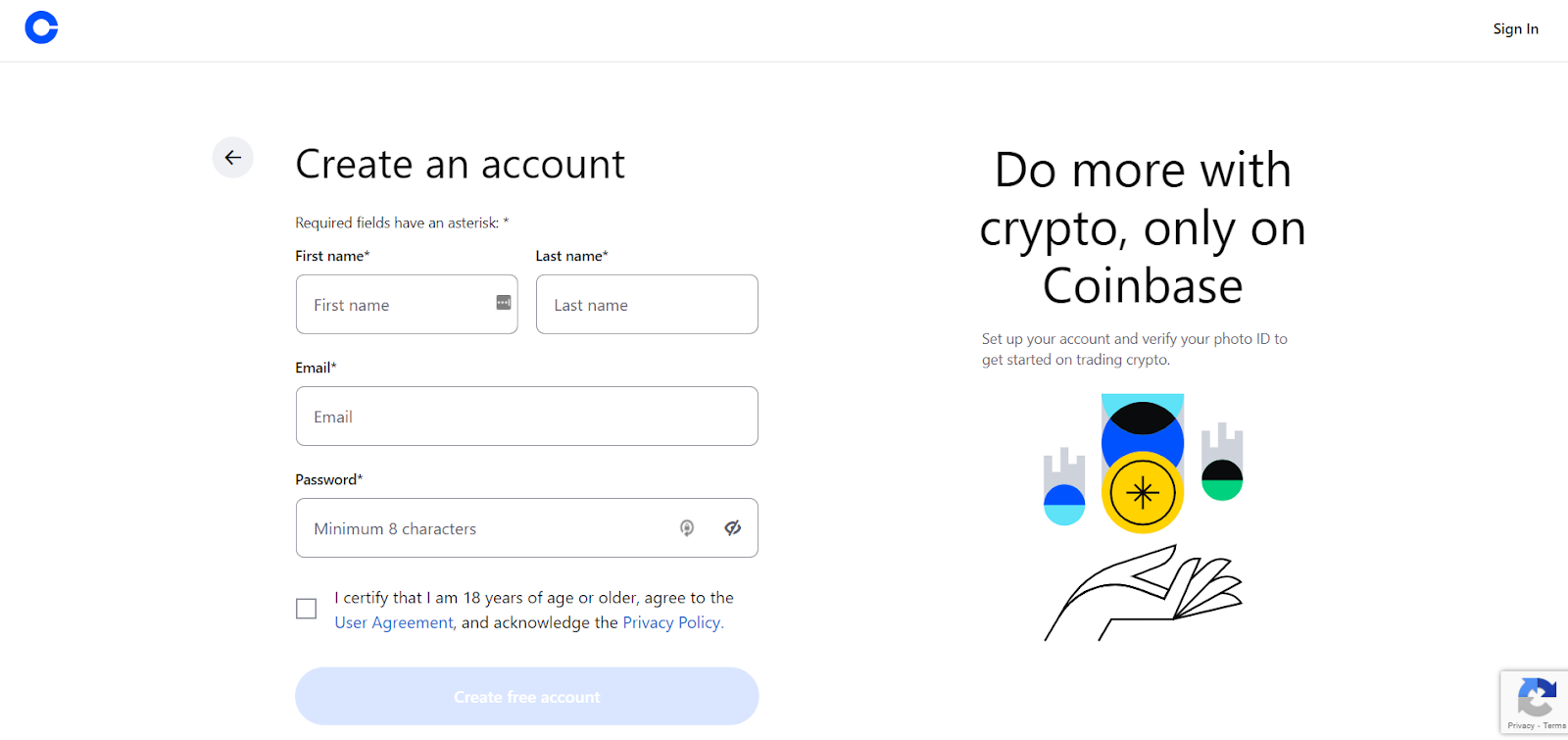 Coinbase Step 1 sign up