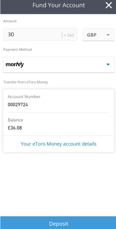 Zahlen Sie Geld in die Krypto-Trading-App ein.