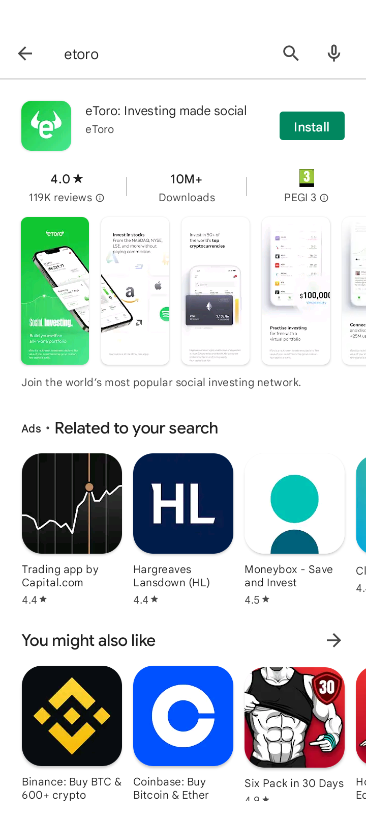 Searching for the eToro crypto app in a mobile phones app store.